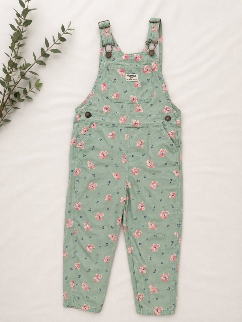 OshKosh B'gosh Girls 100% Cotton Mint Green Floral Overalls